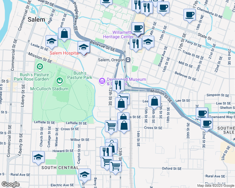 map of restaurants, bars, coffee shops, grocery stores, and more near 842 12th Street Southeast in Salem