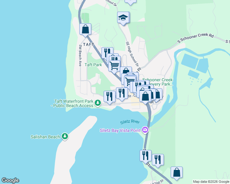 map of restaurants, bars, coffee shops, grocery stores, and more near 905 Southwest 48th Street in Lincoln City