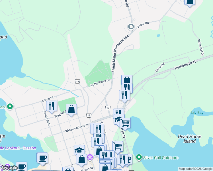 map of restaurants, bars, coffee shops, grocery stores, and more near 355 Lofty Pines Drive in Gravenhurst