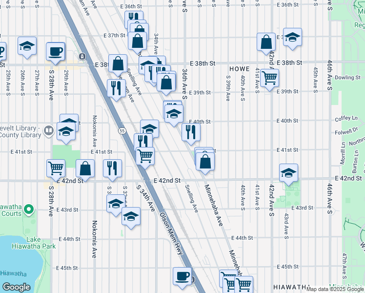 map of restaurants, bars, coffee shops, grocery stores, and more near 4029 Minnehaha Avenue in Minneapolis