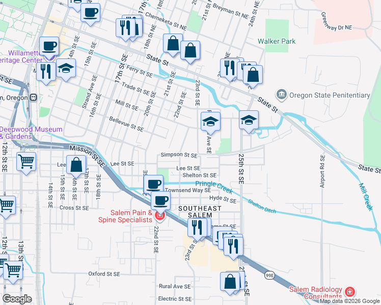 map of restaurants, bars, coffee shops, grocery stores, and more near 510 Ford Street Southeast in Salem
