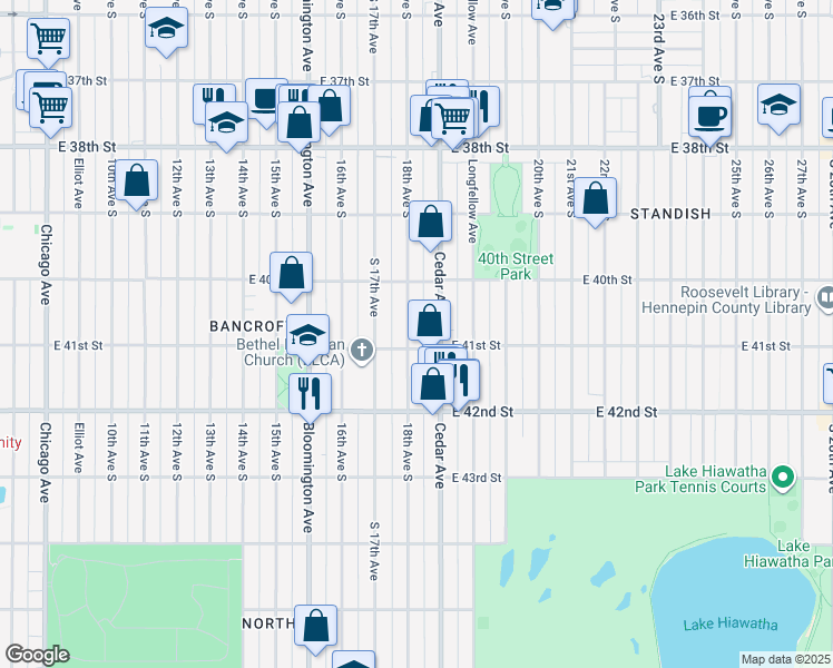 map of restaurants, bars, coffee shops, grocery stores, and more near 4032 Cedar Avenue South in Minneapolis