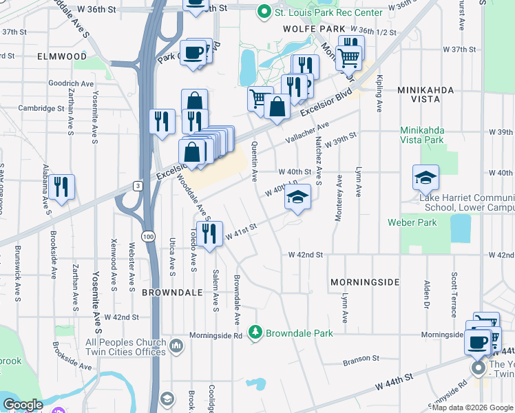 map of restaurants, bars, coffee shops, grocery stores, and more near 4034 Quentin Avenue in Minneapolis