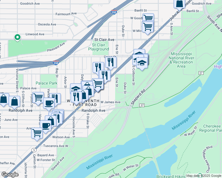 map of restaurants, bars, coffee shops, grocery stores, and more near 876 7th Street West in Saint Paul