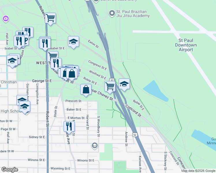 map of restaurants, bars, coffee shops, grocery stores, and more near 294 Bancroft Avenue in Saint Paul