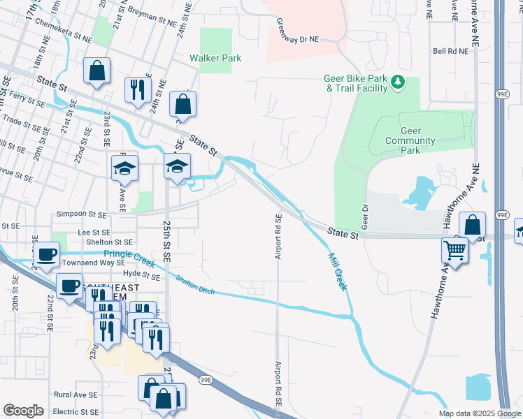 map of restaurants, bars, coffee shops, grocery stores, and more near 455 Airport Road Southeast in Salem