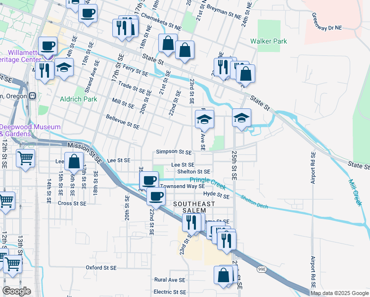 map of restaurants, bars, coffee shops, grocery stores, and more near 510 Ford Street Southeast in Salem