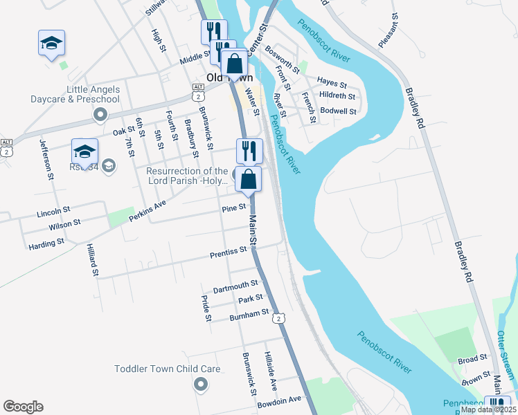map of restaurants, bars, coffee shops, grocery stores, and more near 445 Main Street in Old Town