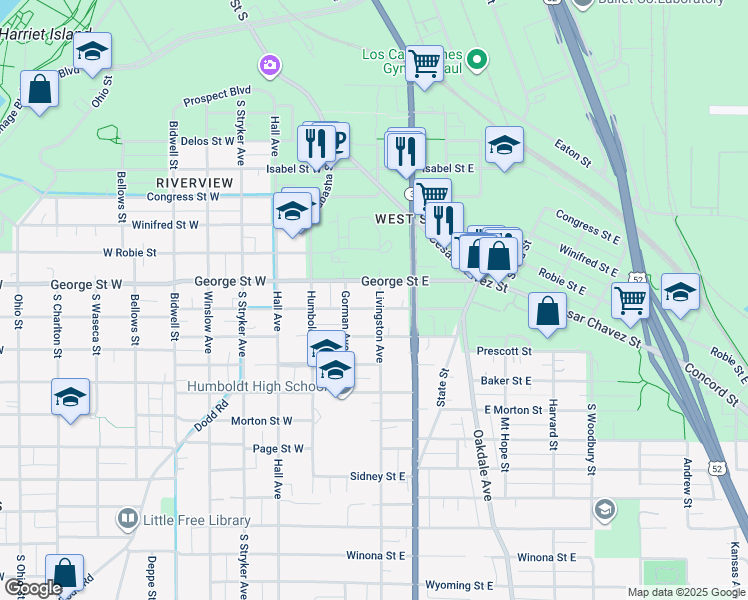 map of restaurants, bars, coffee shops, grocery stores, and more near 66 George Street East in Saint Paul