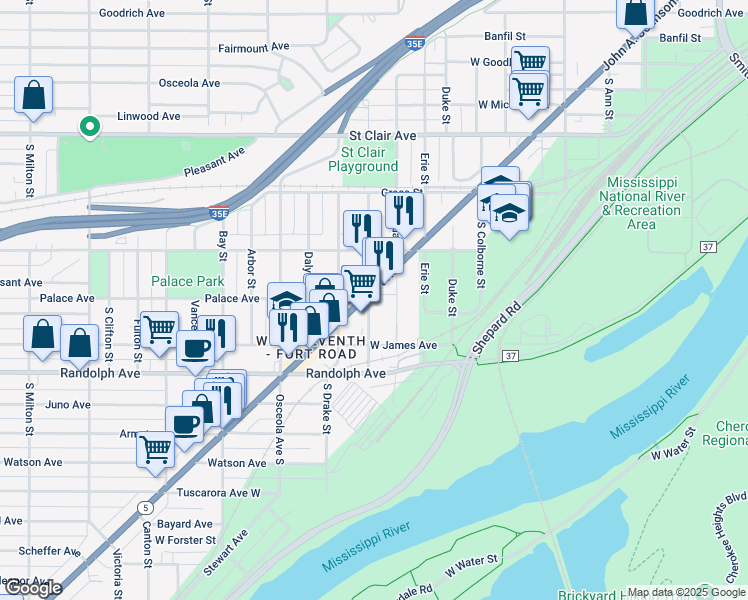 map of restaurants, bars, coffee shops, grocery stores, and more near 882 7th Street West in Saint Paul