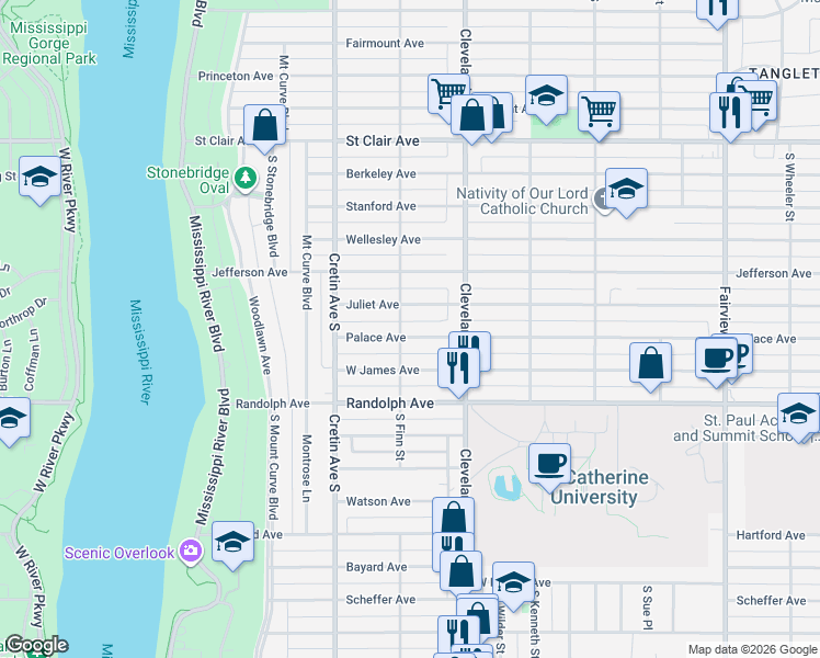 map of restaurants, bars, coffee shops, grocery stores, and more near 2100 Juliet Avenue in Saint Paul