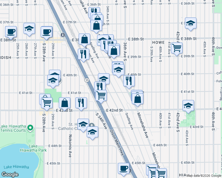 map of restaurants, bars, coffee shops, grocery stores, and more near 4041 Snelling Avenue in Minneapolis