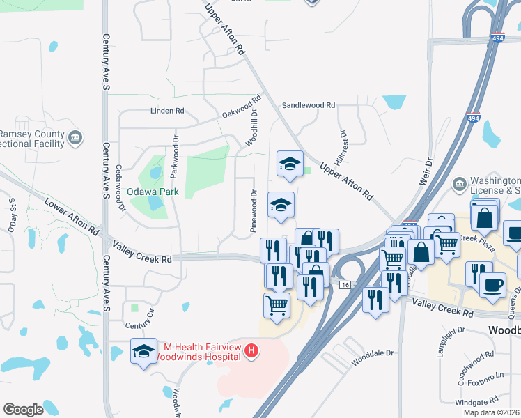 map of restaurants, bars, coffee shops, grocery stores, and more near 1349 Pinewood Drive in Woodbury