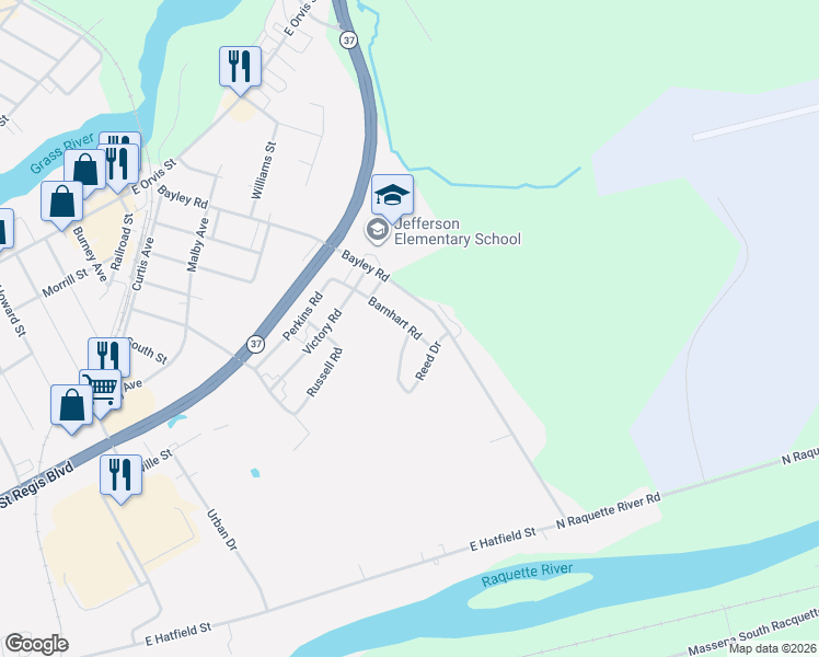 map of restaurants, bars, coffee shops, grocery stores, and more near 265 Barnhart Rd in Massena