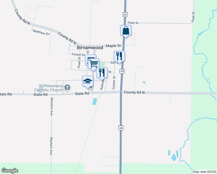 map of restaurants, bars, coffee shops, grocery stores, and more near 350 Mill Street in Birnamwood