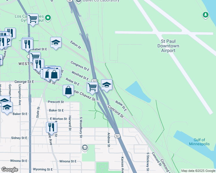 map of restaurants, bars, coffee shops, grocery stores, and more near 369 Winifred Street East in Saint Paul