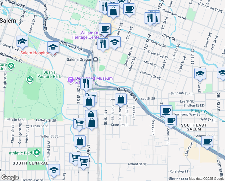 map of restaurants, bars, coffee shops, grocery stores, and more near 1494 Tripp Street Southeast in Salem