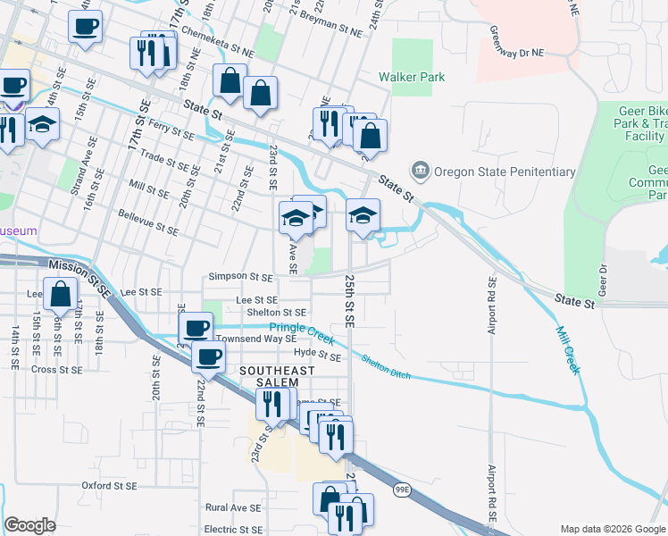 map of restaurants, bars, coffee shops, grocery stores, and more near 2453 Simpson Street Southeast in Salem