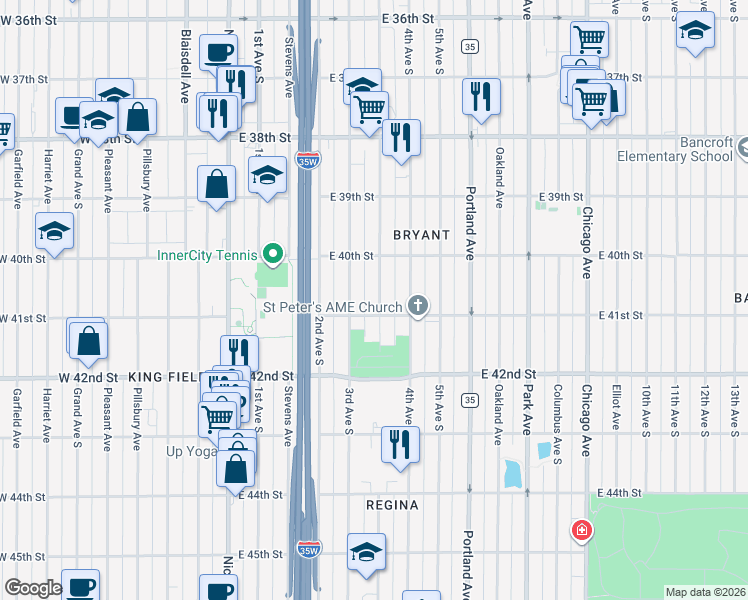 map of restaurants, bars, coffee shops, grocery stores, and more near 4030 Clinton Avenue in Minneapolis