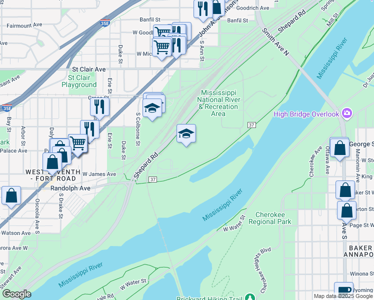 map of restaurants, bars, coffee shops, grocery stores, and more near 355 Randolph Avenue in Saint Paul