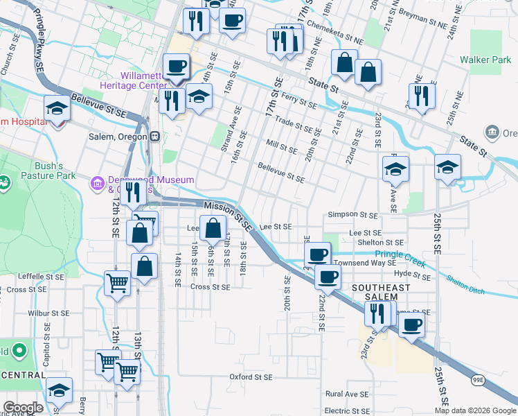 map of restaurants, bars, coffee shops, grocery stores, and more near 605 19th Street Southeast in Salem