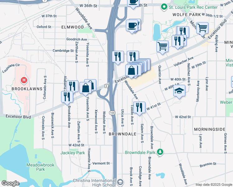 map of restaurants, bars, coffee shops, grocery stores, and more near 4021 Vernon Avenue South in St. Louis Park