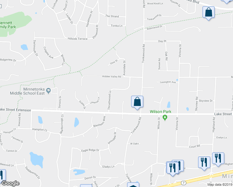 map of restaurants, bars, coffee shops, grocery stores, and more near 4037 Thrushwood Lane in Minnetonka