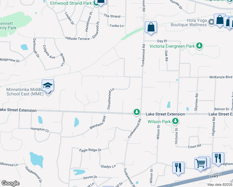 map of restaurants, bars, coffee shops, grocery stores, and more near 4037 Thrushwood Lane in Minnetonka