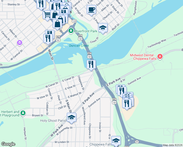 map of restaurants, bars, coffee shops, grocery stores, and more near 343 East Canal Street in Chippewa Falls