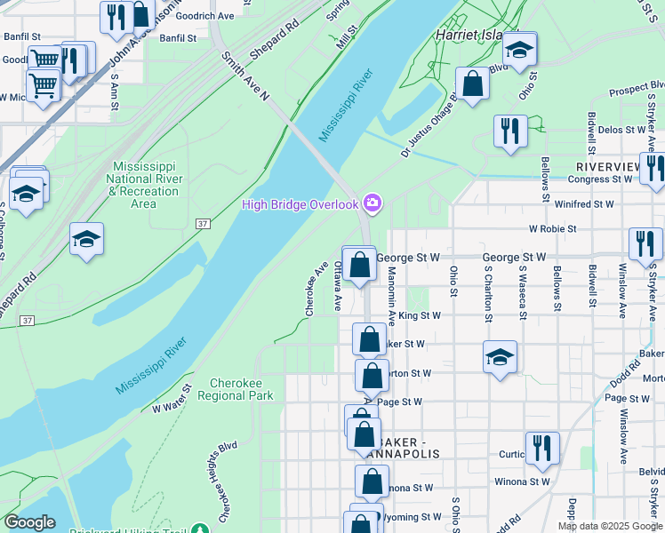 map of restaurants, bars, coffee shops, grocery stores, and more near 426 Cherokee Avenue in Saint Paul