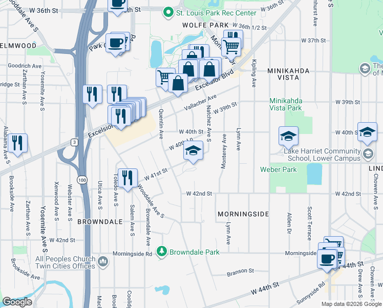 map of restaurants, bars, coffee shops, grocery stores, and more near 4716 West 41st Street in St. Louis Park