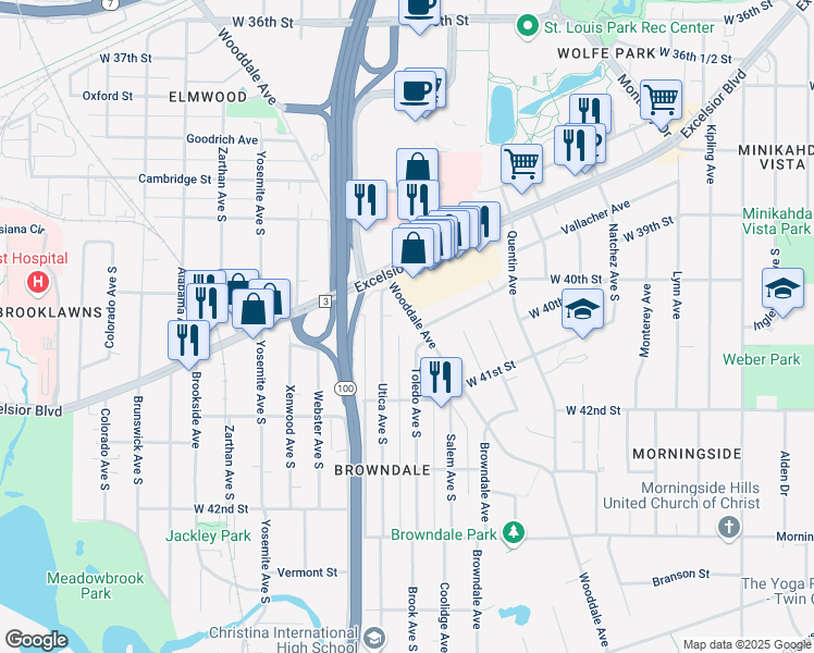 map of restaurants, bars, coffee shops, grocery stores, and more near 4017 Utica Avenue South in Minneapolis