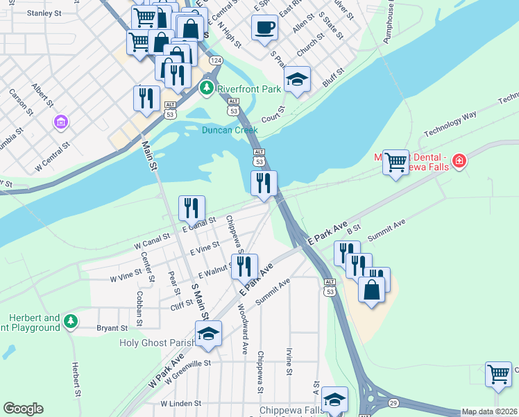 map of restaurants, bars, coffee shops, grocery stores, and more near 343 East Canal Street in Chippewa Falls