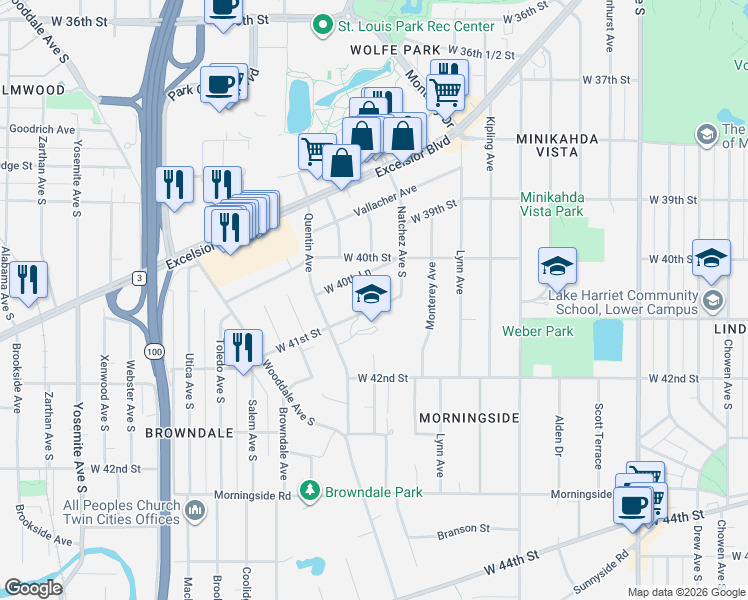 map of restaurants, bars, coffee shops, grocery stores, and more near 4716 West 41st Street in St. Louis Park
