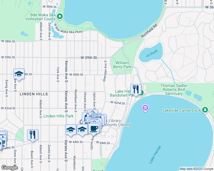 map of restaurants, bars, coffee shops, grocery stores, and more near 4026 Linden Hills Boulevard in Minneapolis