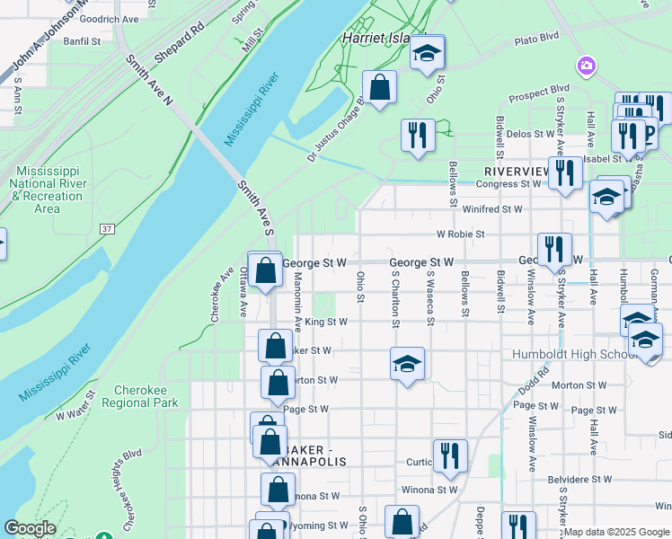 map of restaurants, bars, coffee shops, grocery stores, and more near 312 George Street West in Saint Paul
