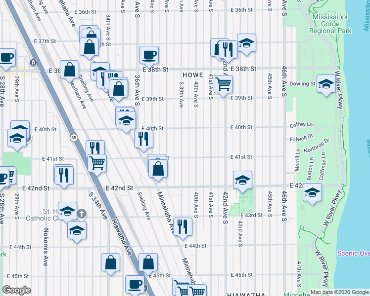 map of restaurants, bars, coffee shops, grocery stores, and more near 4039 South 39th Avenue in Minneapolis
