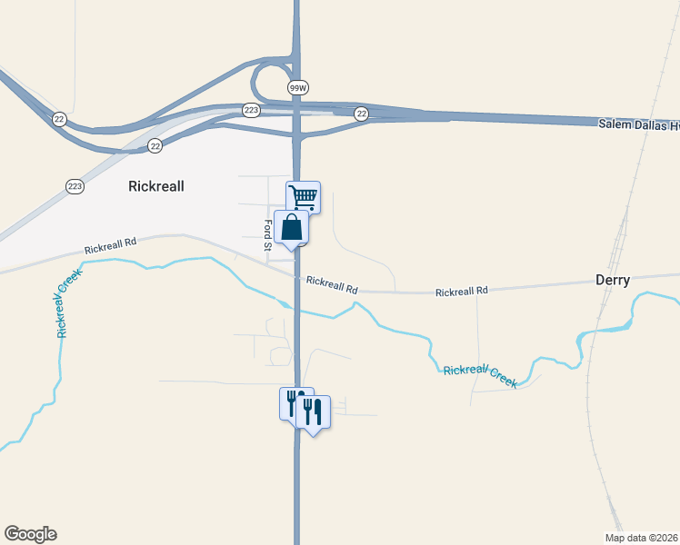map of restaurants, bars, coffee shops, grocery stores, and more near 9585 Rickreall Road in Rickreall