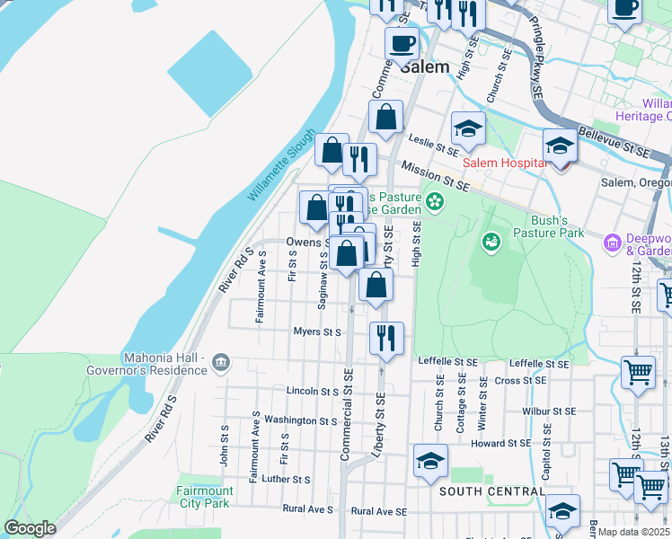 map of restaurants, bars, coffee shops, grocery stores, and more near 155 Miller Street South in Salem