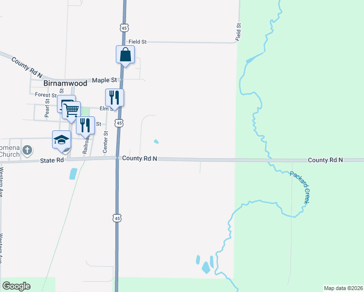map of restaurants, bars, coffee shops, grocery stores, and more near 188 County Road North in Birnamwood