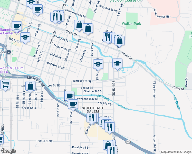 map of restaurants, bars, coffee shops, grocery stores, and more near 533 Richmond Avenue Southeast in Salem