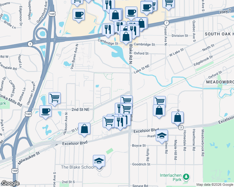 map of restaurants, bars, coffee shops, grocery stores, and more near 1005 2nd Street Northeast in Hopkins