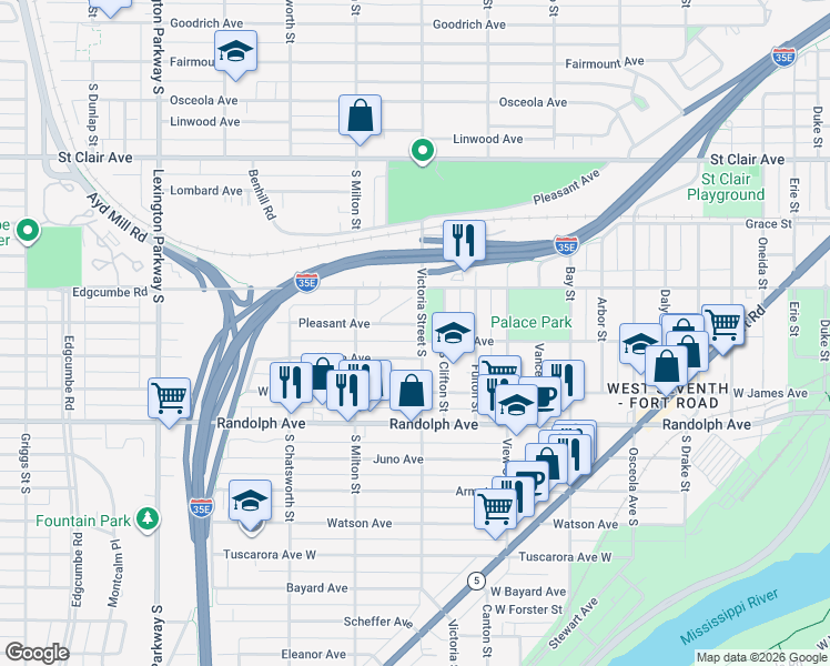 map of restaurants, bars, coffee shops, grocery stores, and more near 864 Monroe Court in Saint Paul