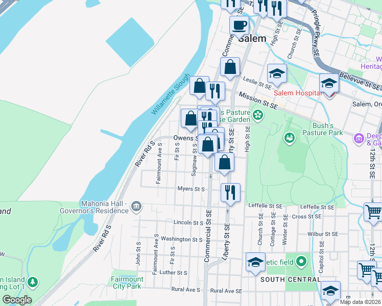 map of restaurants, bars, coffee shops, grocery stores, and more near 251-265 Miller Street South in Salem