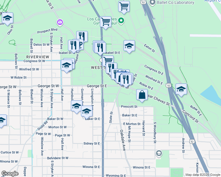 map of restaurants, bars, coffee shops, grocery stores, and more near 140 George Street East in Saint Paul