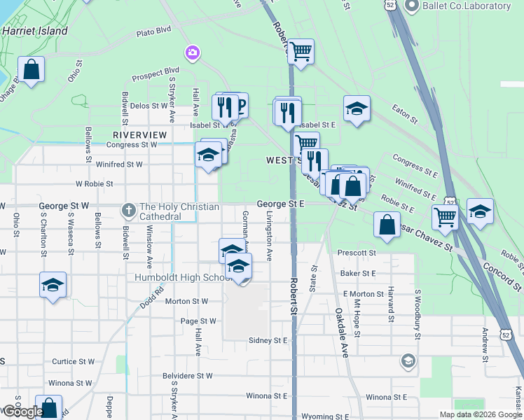 map of restaurants, bars, coffee shops, grocery stores, and more near 66 George Street East in Saint Paul