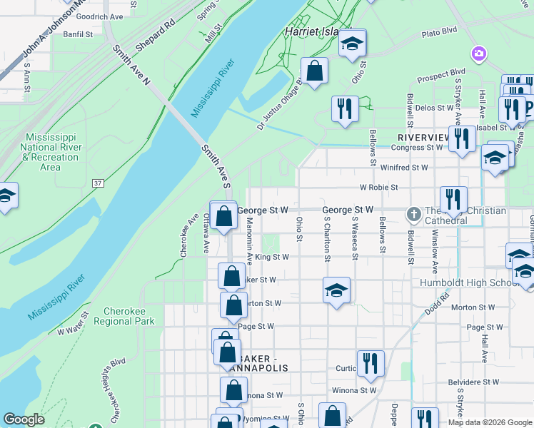 map of restaurants, bars, coffee shops, grocery stores, and more near 312 George Street West in Saint Paul