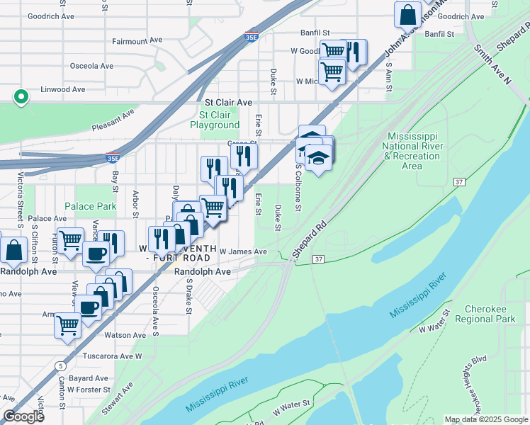 map of restaurants, bars, coffee shops, grocery stores, and more near 394 Erie Street in Saint Paul
