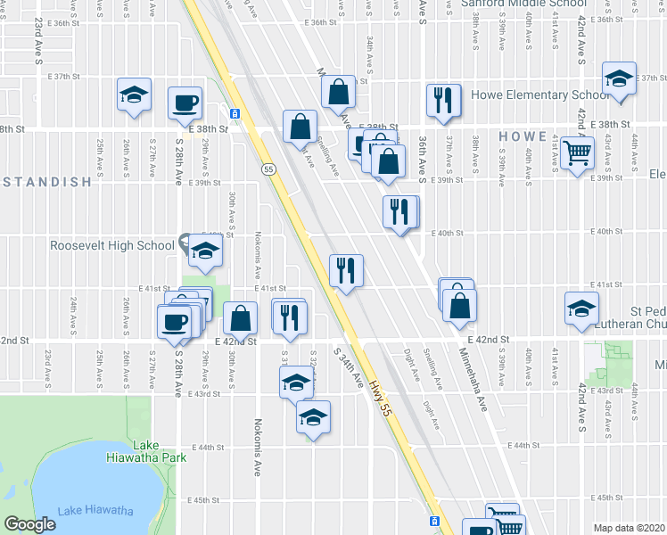 map of restaurants, bars, coffee shops, grocery stores, and more near 4041 Hiawatha Avenue in Minneapolis