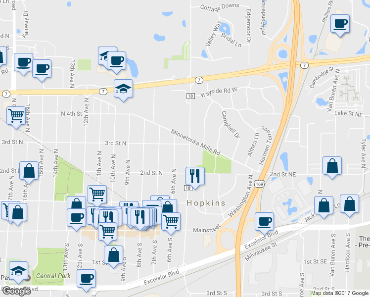 map of restaurants, bars, coffee shops, grocery stores, and more near 242 5th Avenue North in Hopkins